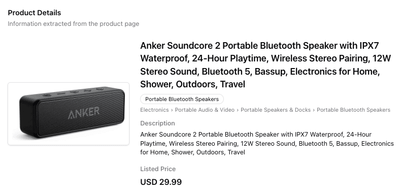 Screenshot of product details scrape result